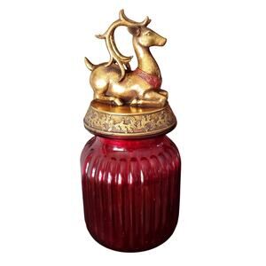 Vintage Christmas Reindeer Ribbed Red Glass Cookie Jar Adult's 13" Home Decor